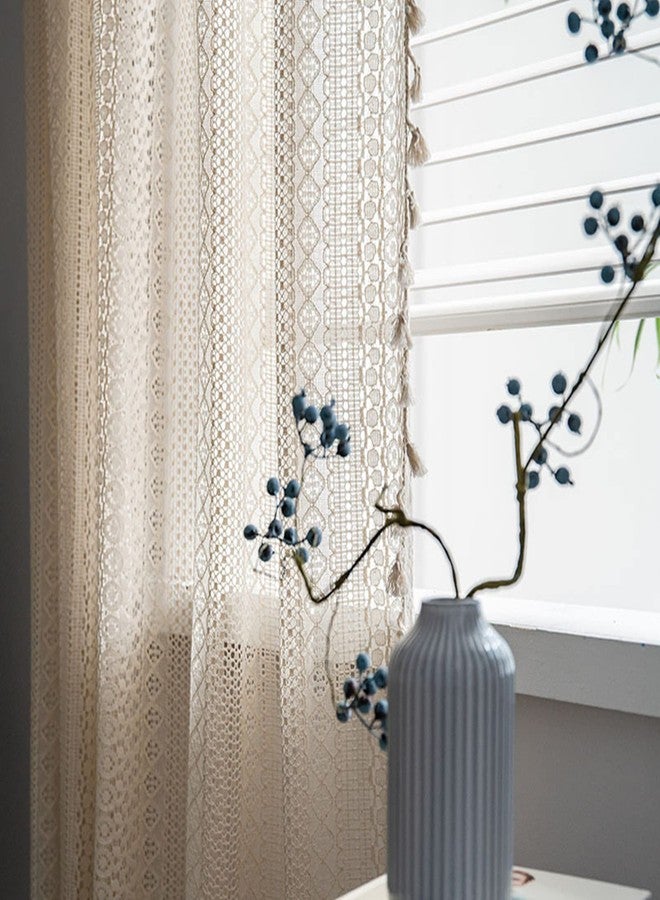 HSOFTIFY Boho Crochet Curtains 2 Panels, 63 inch Long Bohemian Lace Semi-Sheer Curtains & Drapes with Vintage Tassels for Bedroom & Living Room (59" x 63" Beige) - Image 5